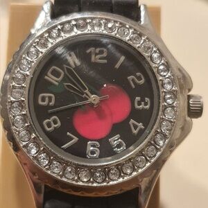 🦋10/$20🦋 Accutime Silver/Black Rhinestone Silicone Cherry Print Women's Watch
